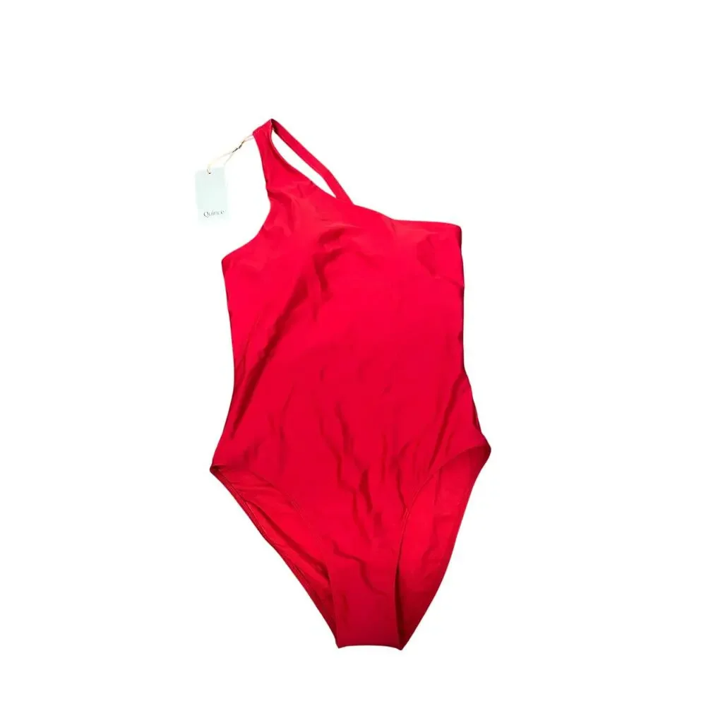Quince Italian One Shoulder One-Piece Swimsuit in Cherry Red Size M